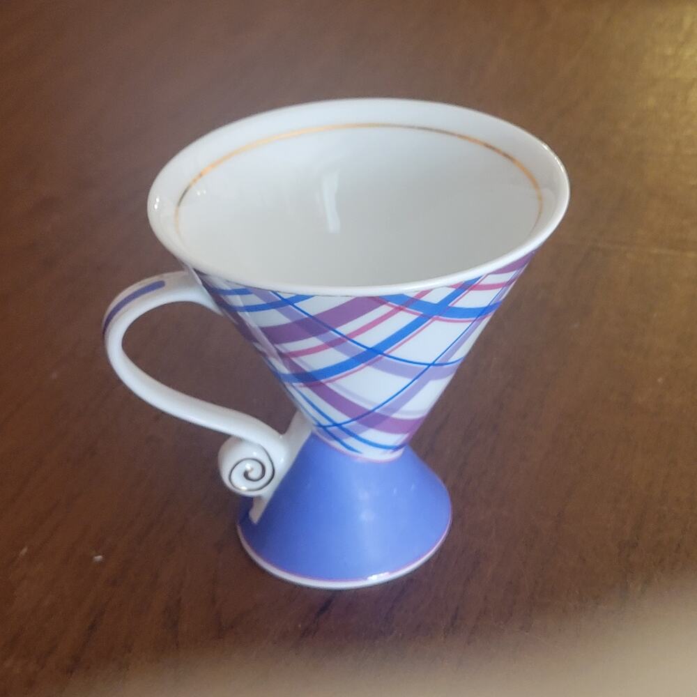Vtg Rich Land Fine China Plaid Pedestal Teacup Purple Blue Checkered Footed Cup